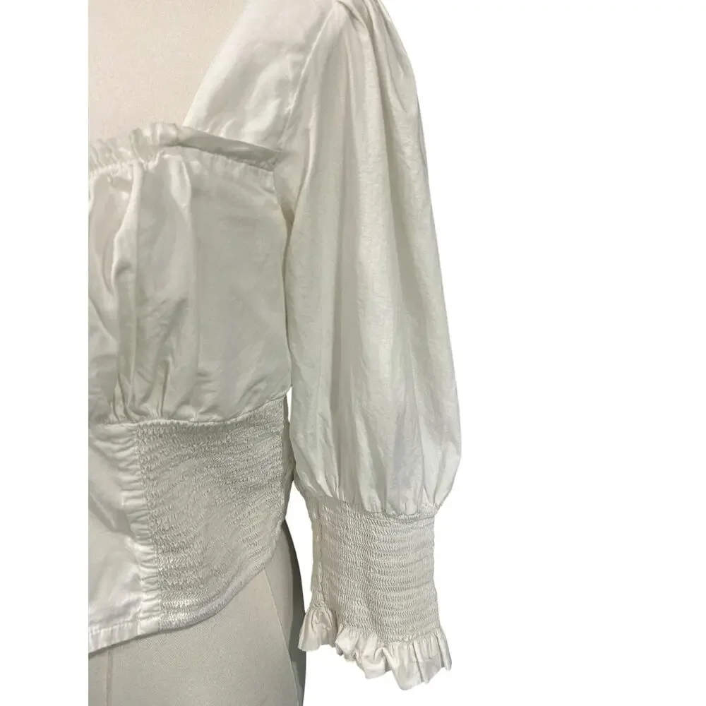 Free People White Milkmaid Corset Crop Top Puff Sleeve Smocked Coquette Boho L